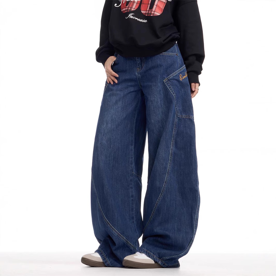 girl ONLPP Autumn American Retro Design Large Pocket Scimitar Straight Jeans Women Floor-Length Wide-Leg Pants Trendy_voghion.com