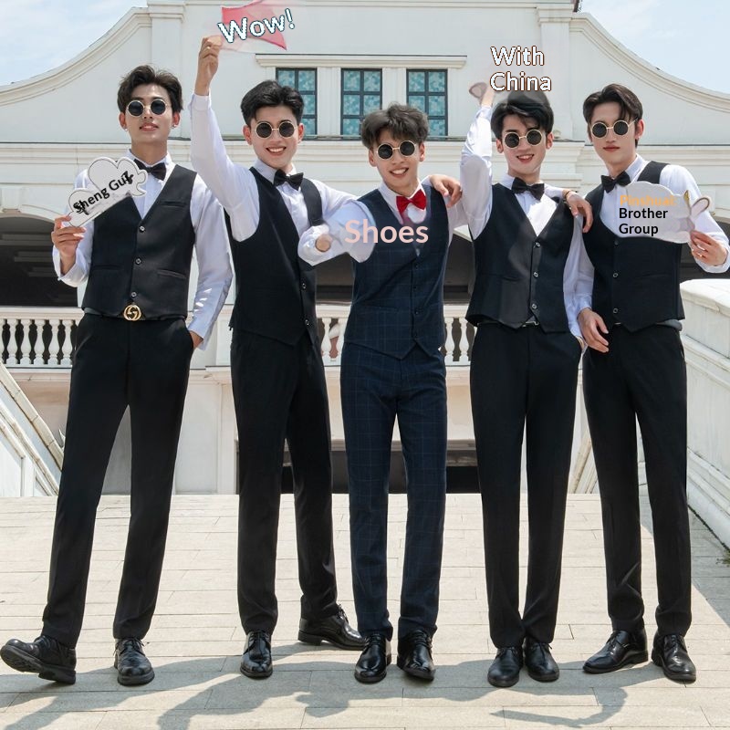 Ensemble trois pièces pour garçon d'honneur, tenue de cérémonie style western d'été : chemise, gilet et costume._voghion.com