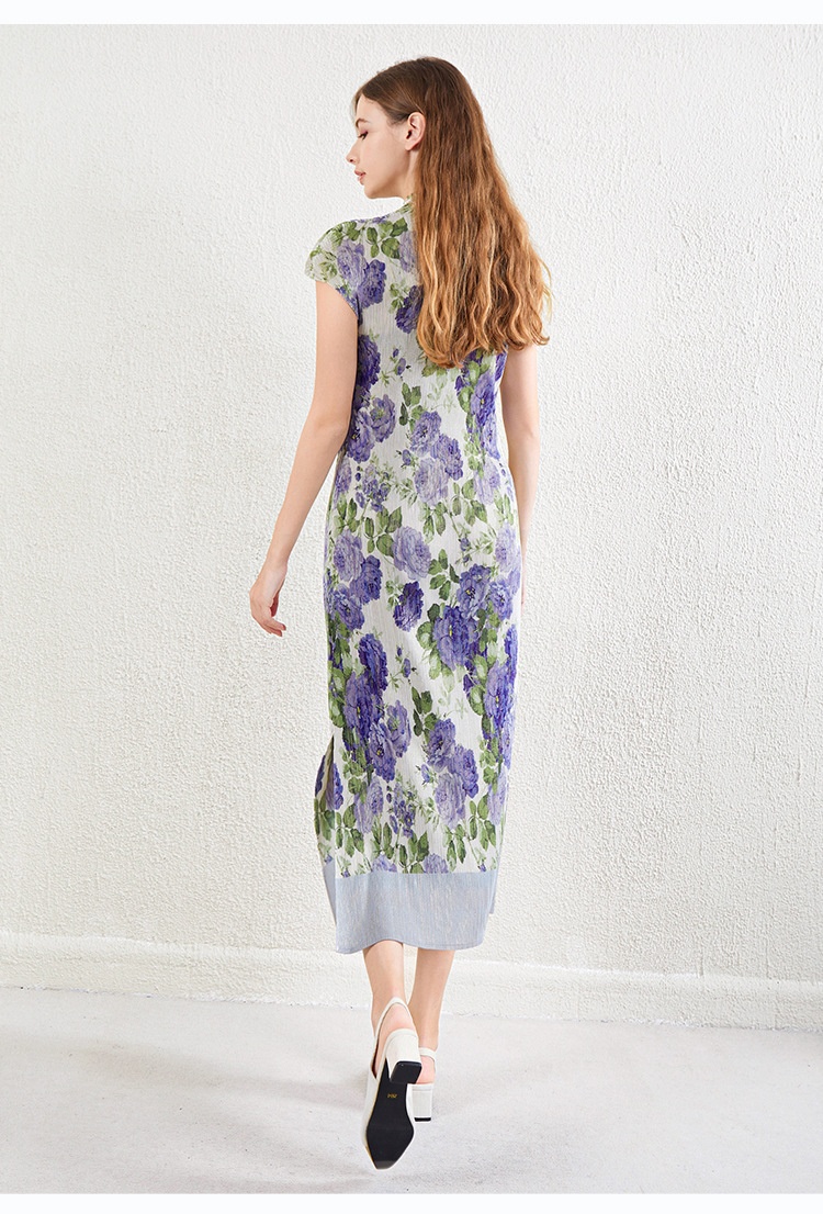 ChicShe ChicShe Chinese Style Pleated Printed Qipao For Women Summer New High-end Short Sleeve Waist-cinching Bodycon Long Dress_voghion.com