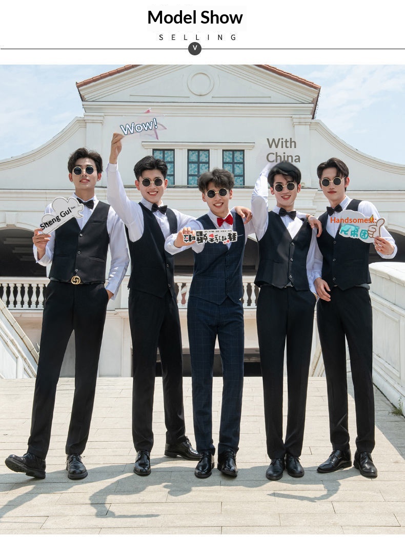 Ensemble trois pièces pour garçon d'honneur, tenue de cérémonie style western d'été : chemise, gilet et costume._voghion.com