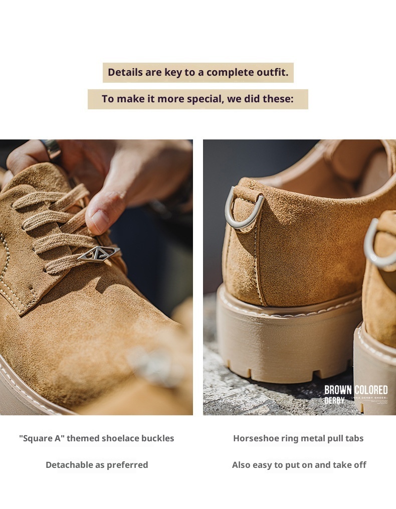 Voyage MRA Brown Derby Men's 2025 New Autumn Low-top Yellow Boots Thick Sole Height-increasing Big Toe Work Leather Shoes_voghion.com