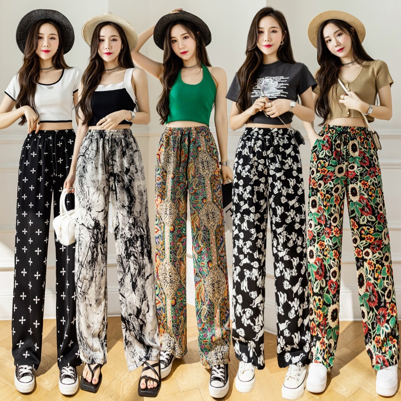 girl 2025 Spring Summer Autumn New Checkered Striped Plaid Wide-Leg Women Ice Silk Loose Casual Pants Versatile Printed Y_voghion.com