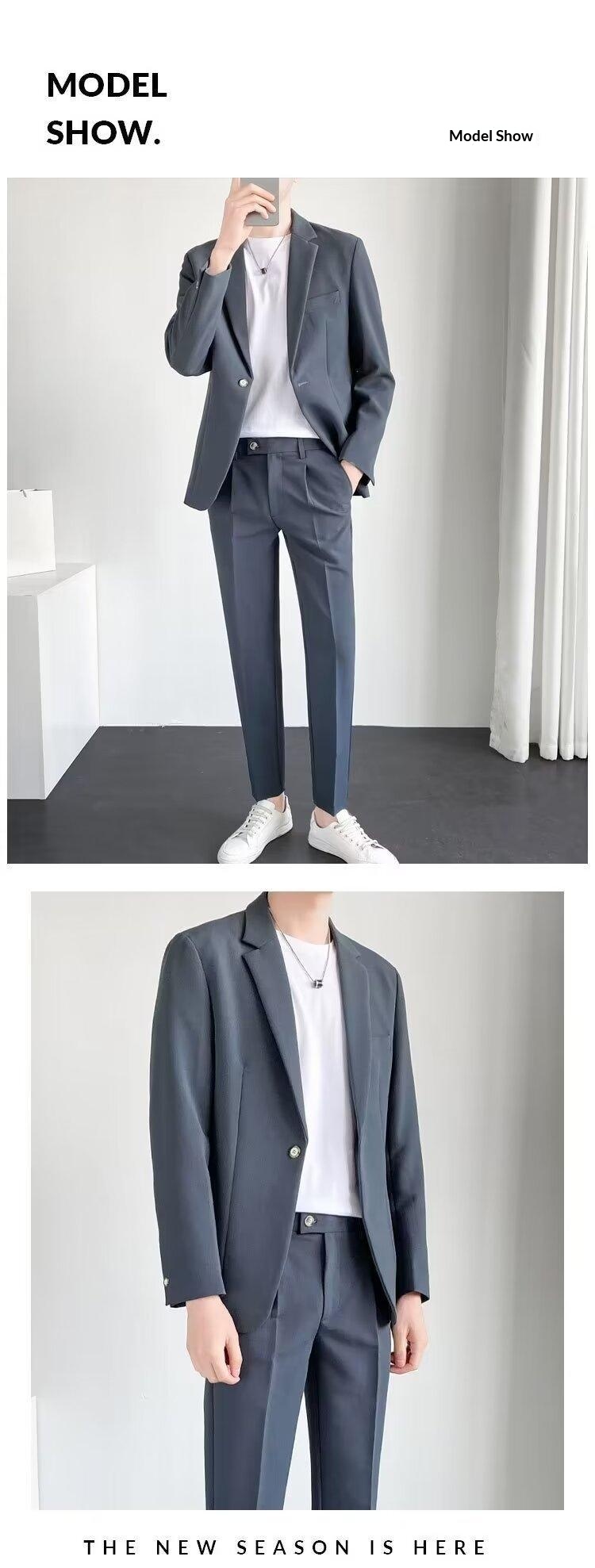 Jongens Heren Slim Fit Set Koreaanse Stijl Blazer Bruidegom Trouwpak Zakelijk Formeel Casual Nine-Tenths Broek_voghion.com