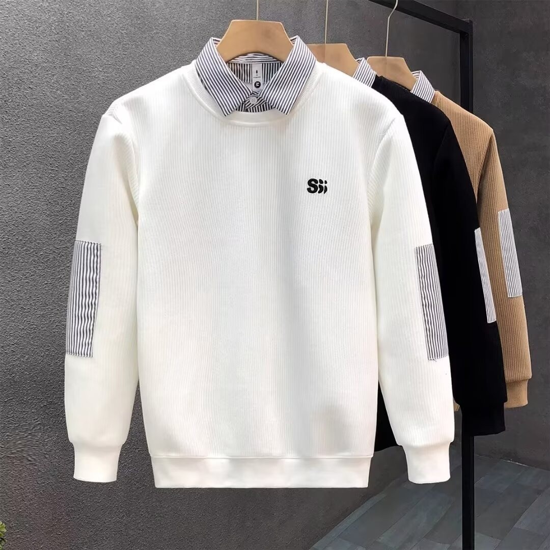 Junge, Herbstklassiker, schlicht, vielseitig, trendiges Herren-Zweiteiler-Shirt mit Streifen und Polokragen_voghion.com