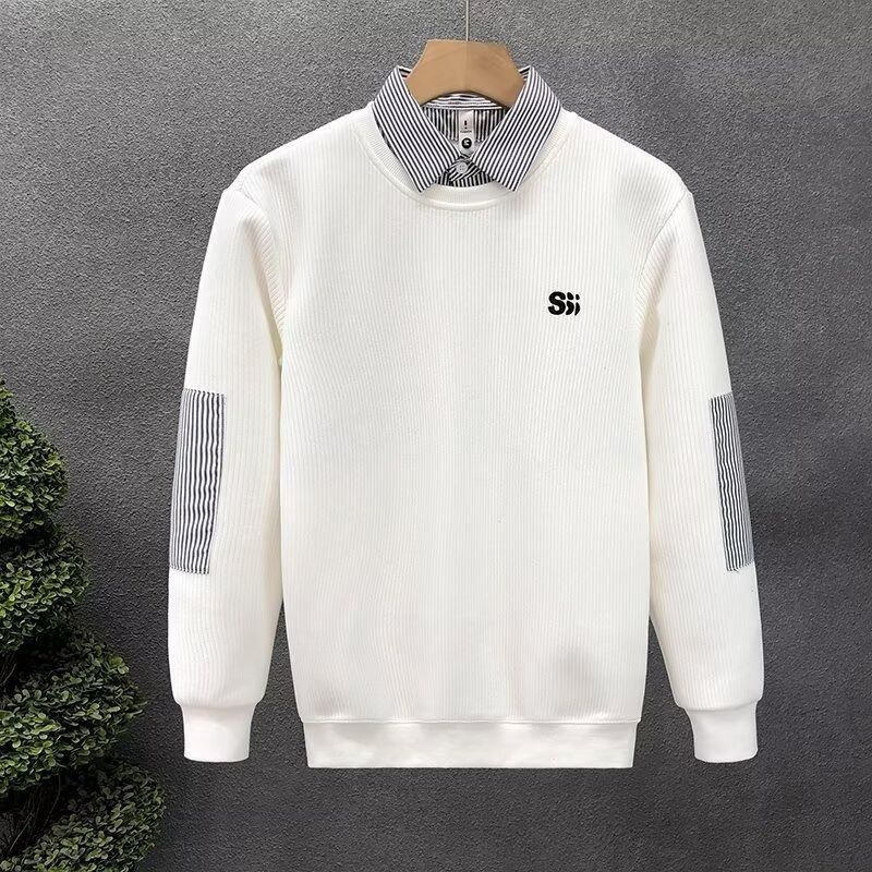 Junge, Herbstklassiker, schlicht, vielseitig, trendiges Herren-Zweiteiler-Shirt mit Streifen und Polokragen_voghion.com