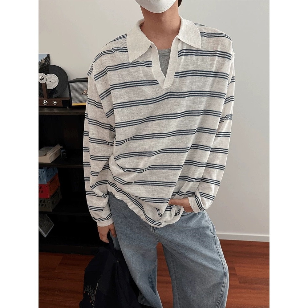 boy Boy Polo Shirt For Men Spring And Autumn V-Neck Sun Protection Knitted Long Sleeve Thin Breathable Lightweight T-Shirt With_voghion.com