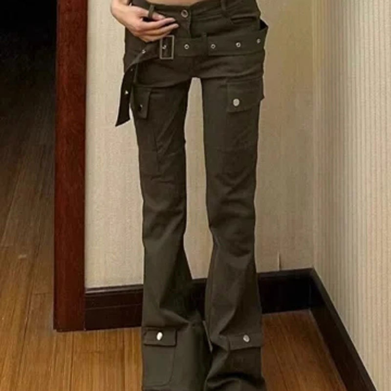 girl 2023 American High Street Retro Low Waist Flared Jeans For Women Summer Design Sense Niche Casual Cargo Pants_voghion.com