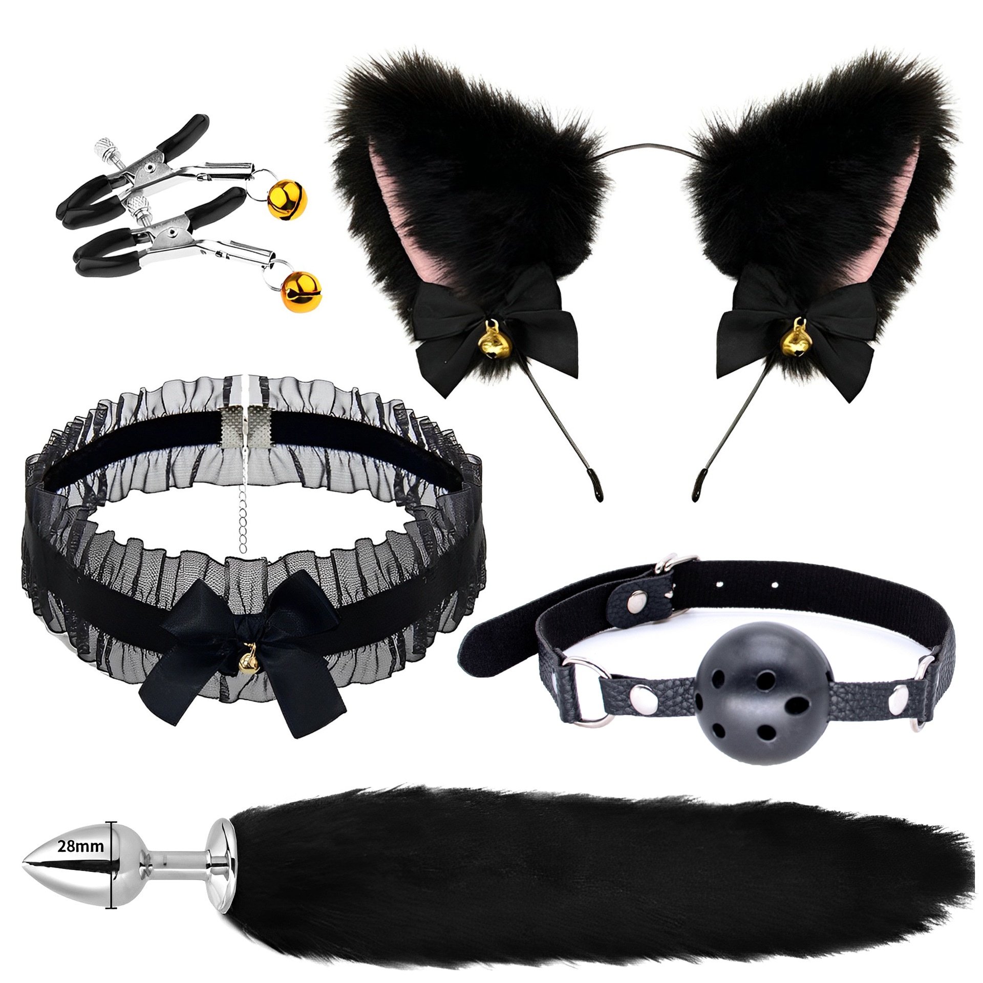 luckyqqyp Erotik-Fünfteiler-Set für Erwachsene: Schwarze Katzenohren-Spitzen-Augenmaske, Rollenspiel-Mundball, SM-Metall-Analplug, Fuchsschwanzfell_voghion.com