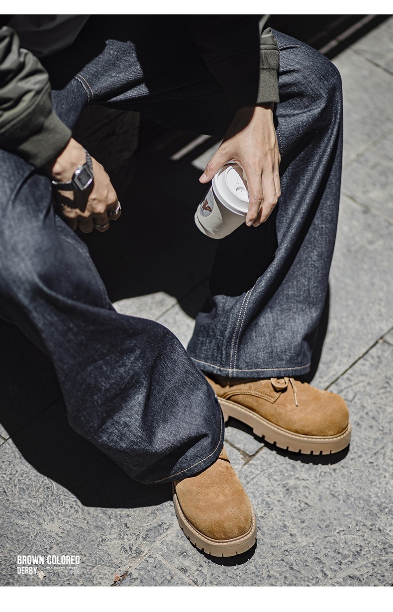 Voyage MRA Brown Derby Men's 2025 New Autumn Low-top Yellow Boots Thick Sole Height-increasing Big Toe Work Leather Shoes_voghion.com