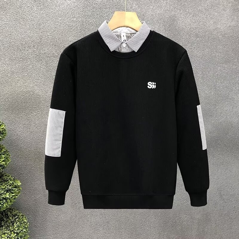 Junge, Herbstklassiker, schlicht, vielseitig, trendiges Herren-Zweiteiler-Shirt mit Streifen und Polokragen_voghion.com