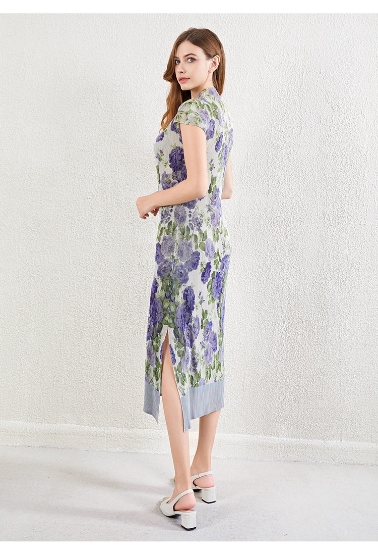 ChicShe ChicShe Chinese Style Pleated Printed Qipao For Women Summer New High-end Short Sleeve Waist-cinching Bodycon Long Dress_voghion.com
