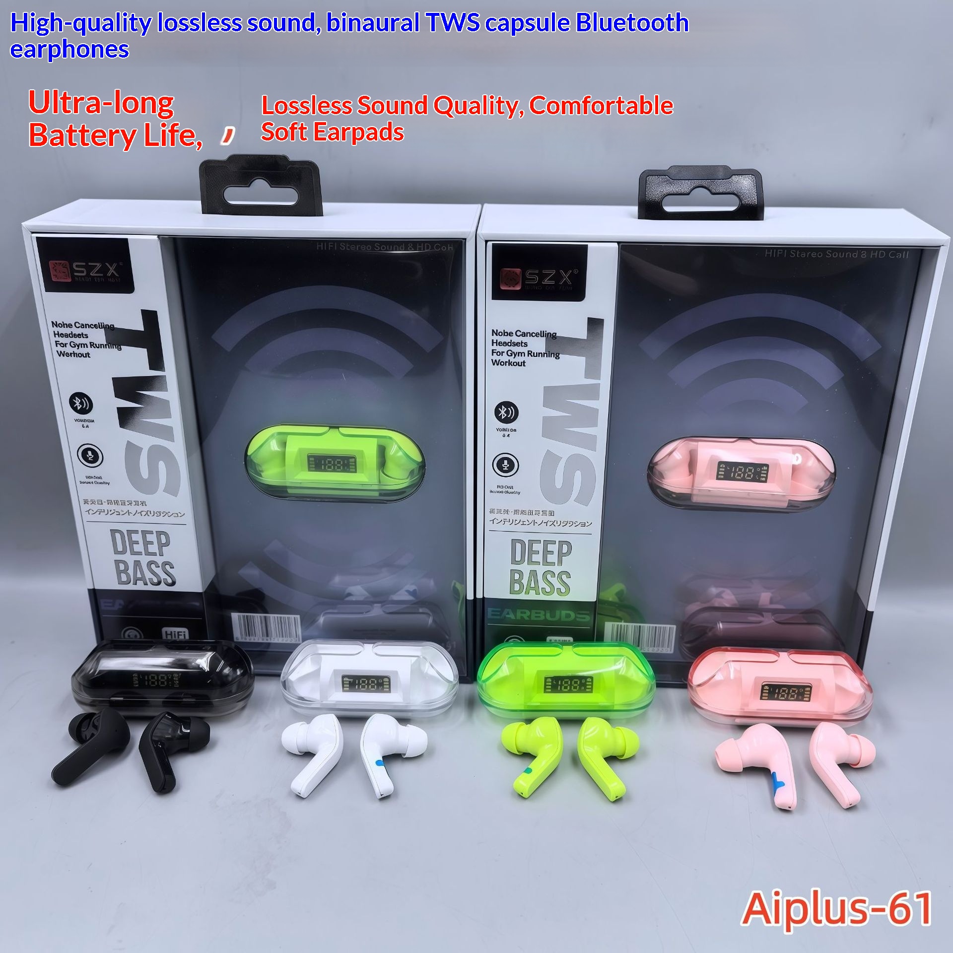 Écouteurs Bluetooth sans fil NeoGear LYZ AI61 de haute qualité avec coque transparente, commandes tactiles et affichage numérique. Design Macaron._voghion.com