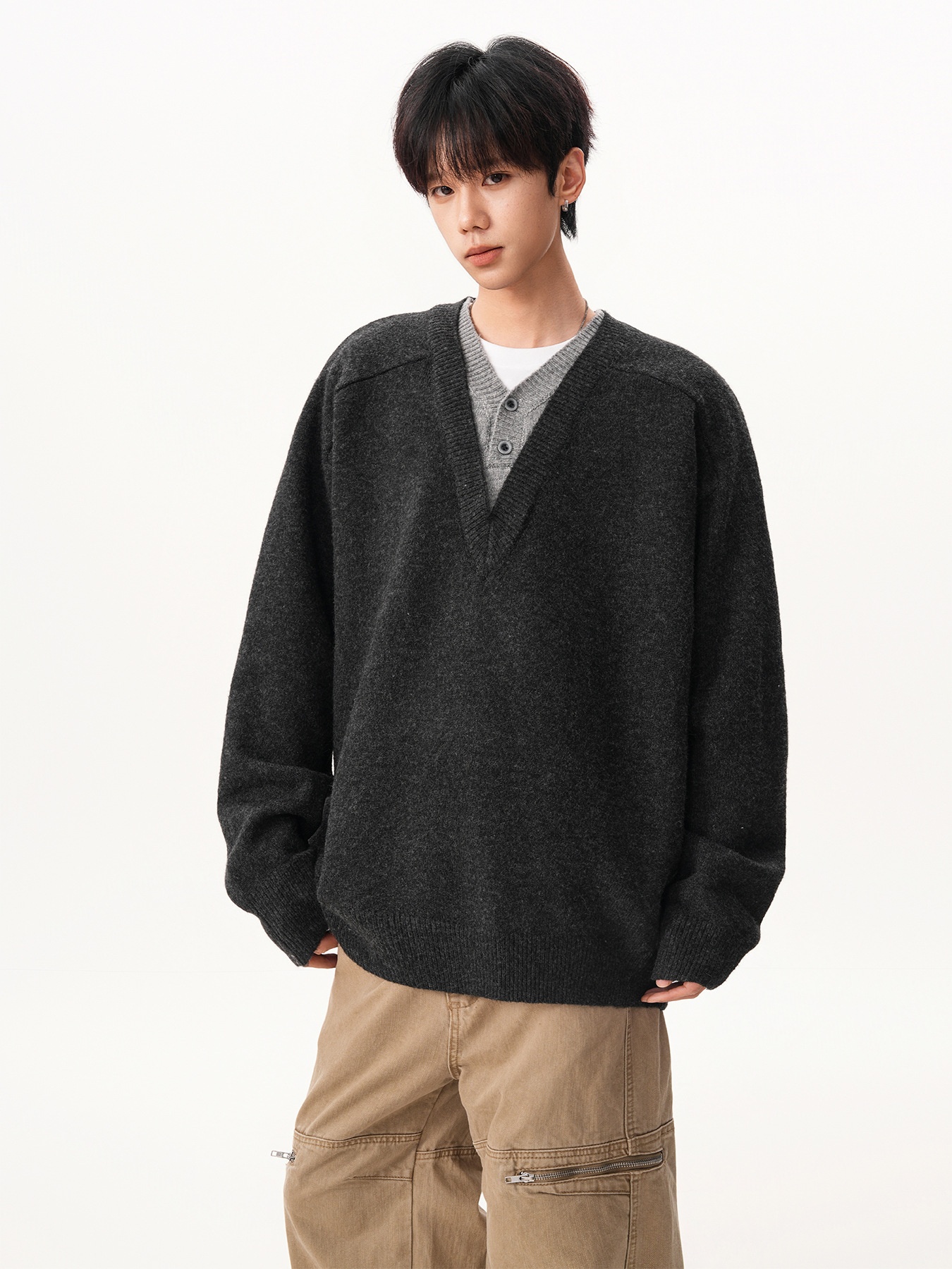 Pull-over deux pièces en maille à col en V pour homme, style rétro décontracté, manches longues, idéal pour l'automne et l'hiver._voghion.com