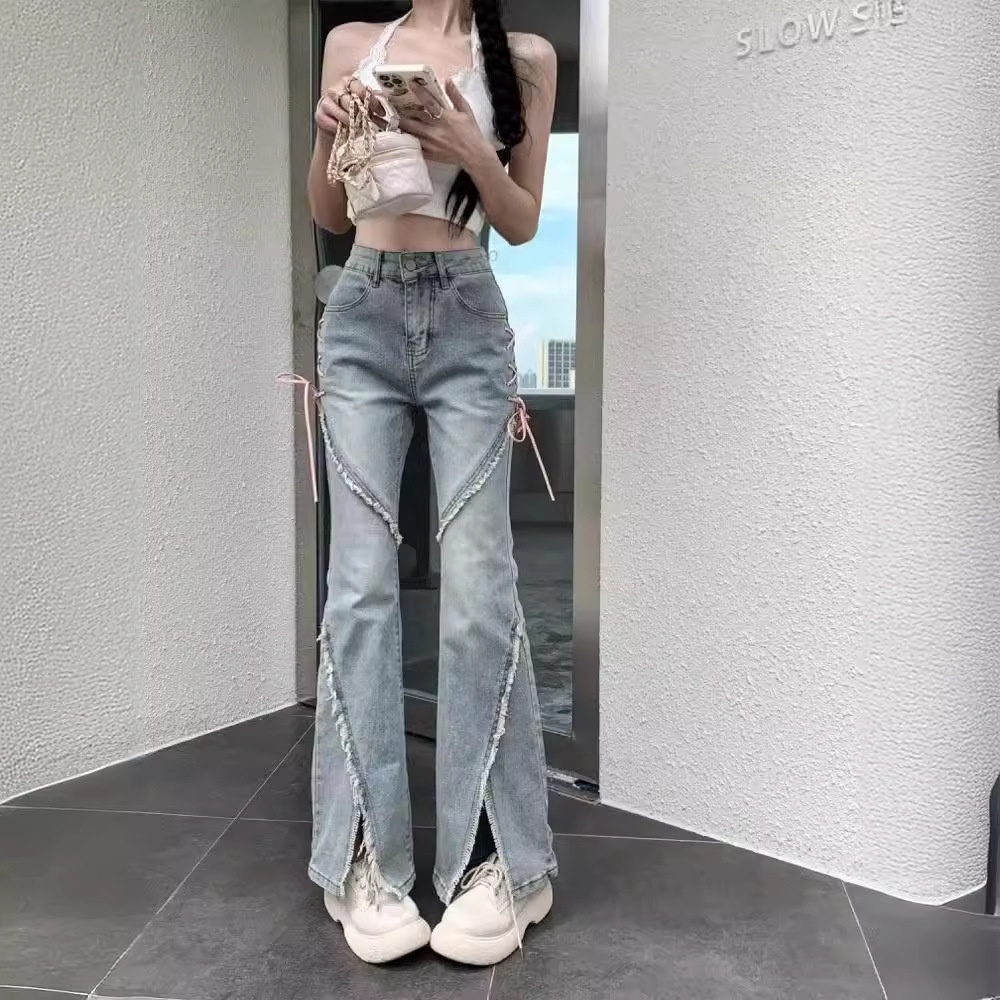girl 2023 New Women's Jeans Spring Summer Retro Hot Girl Niche Design Irregular Slit Flared Long Pants_voghion.com