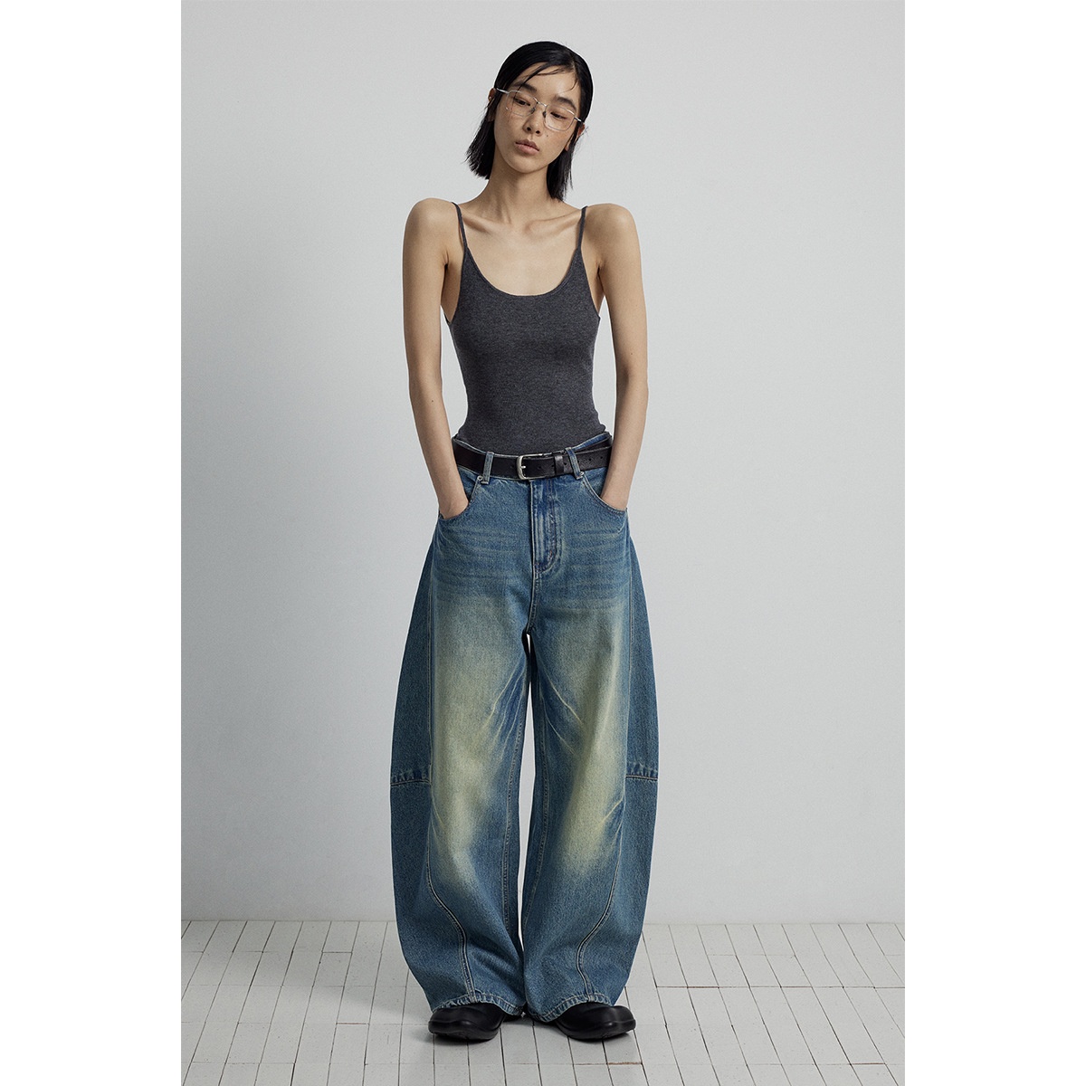 girl [Shishi] New Cat Whisker Scratch Pattern Three-Dimensional Cutting Spliced Long Pants Banana Silhouette Pure Cotton_voghion.com