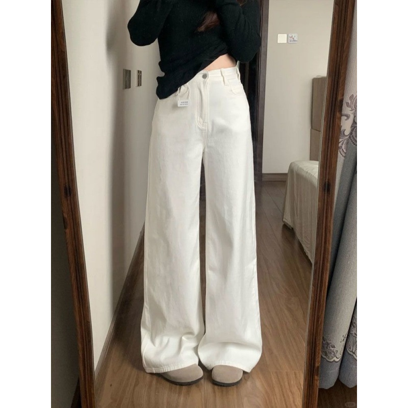 girl White Draped Wide-Leg Jeans For Women, Spring And Autumn New Vintage High-Waisted Loose Slimming Versatile Casual_voghion.com