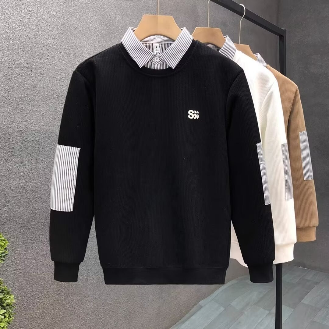 Junge, Herbstklassiker, schlicht, vielseitig, trendiges Herren-Zweiteiler-Shirt mit Streifen und Polokragen_voghion.com