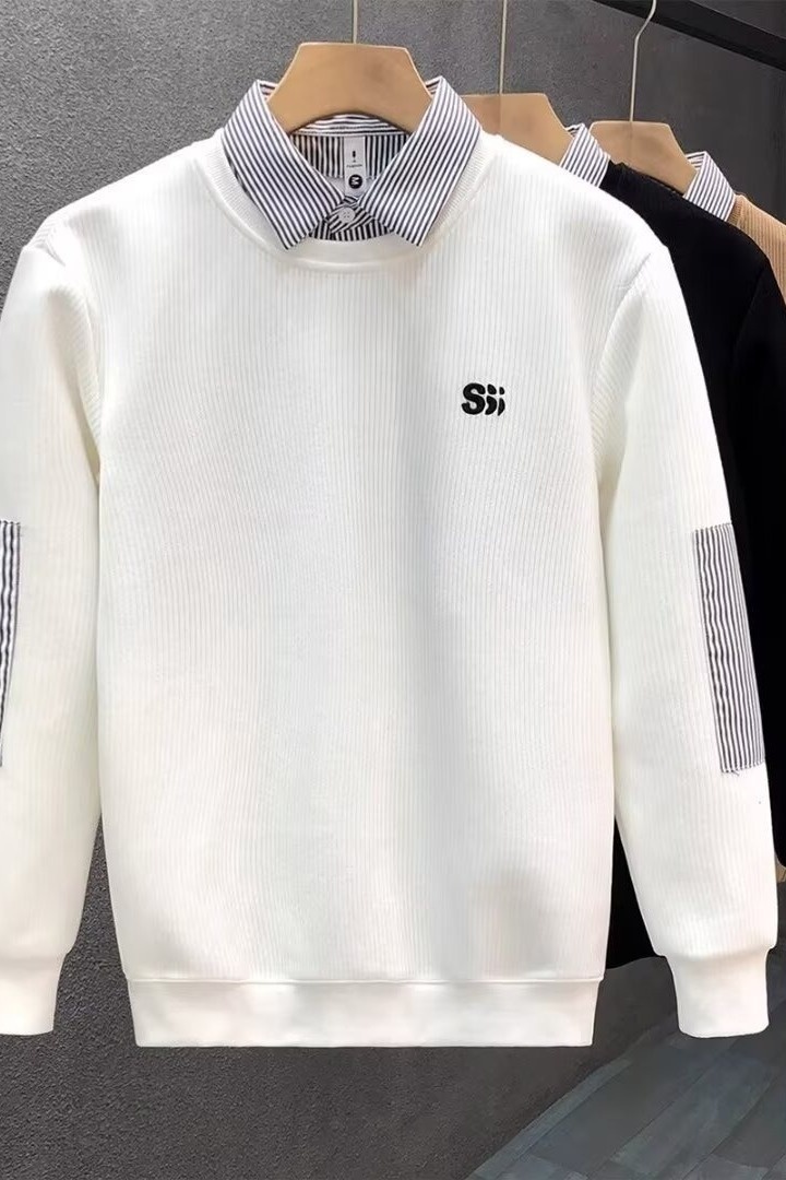 Junge, Herbstklassiker, schlicht, vielseitig, trendiges Herren-Zweiteiler-Shirt mit Streifen und Polokragen_voghion.com