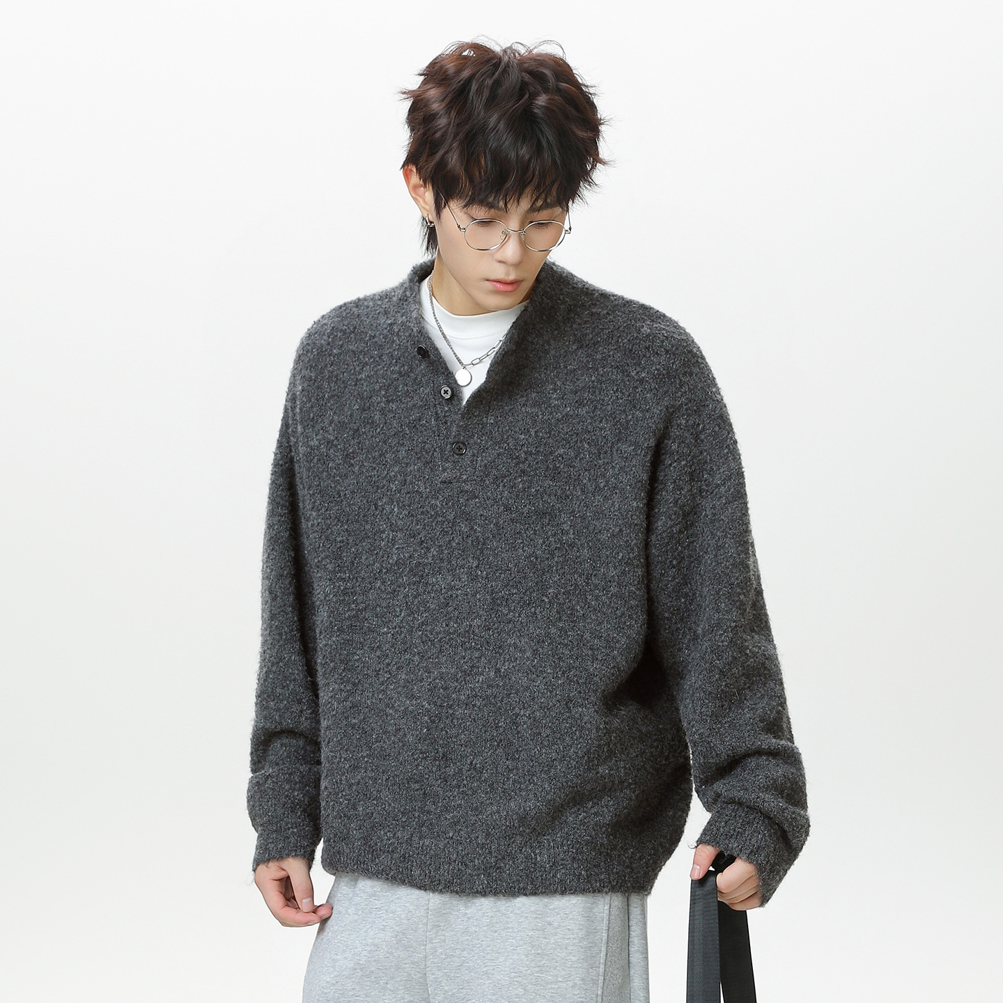 Pull polo en maille pour homme, style décontracté, coupe ample et chaude, idéal pour l'automne et l'hiver._voghion.com