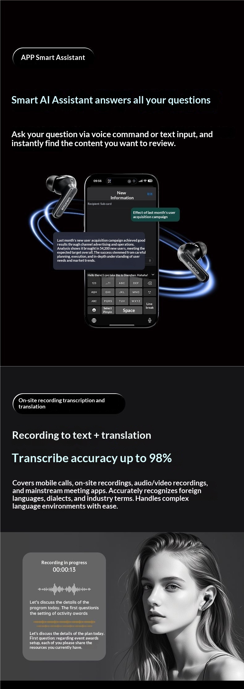 NeoGear NeoGear New LED Color Screen Control Smart AI Translation Bluetooth Earbuds In-Ear High Sound Quality Noise Cancelling Sports_voghion.com