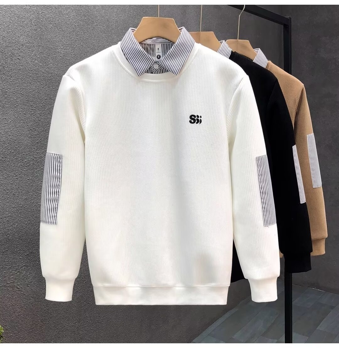 Junge, Herbstklassiker, schlicht, vielseitig, trendiges Herren-Zweiteiler-Shirt mit Streifen und Polokragen_voghion.com