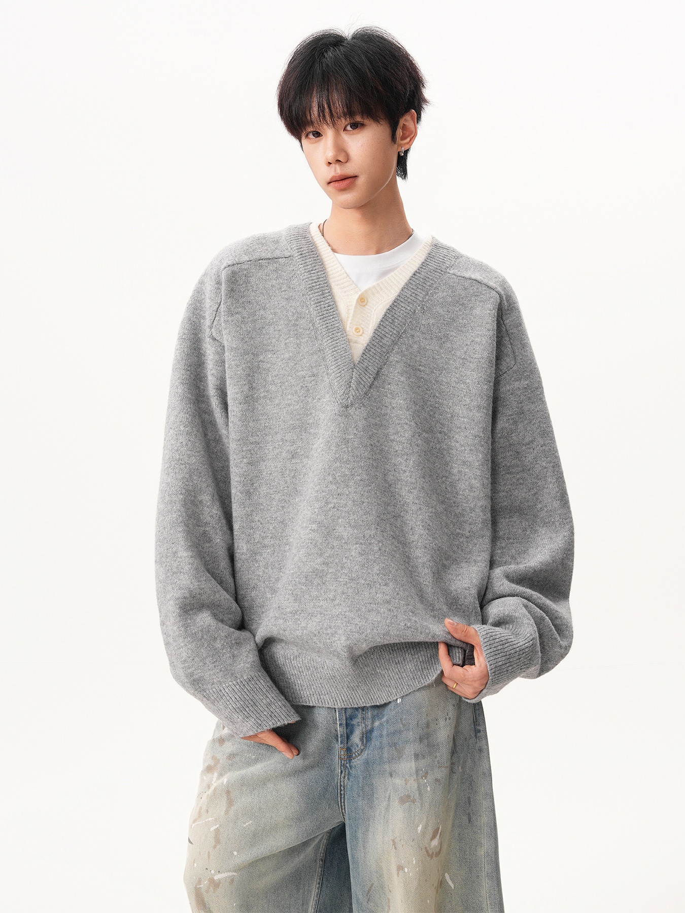 Pull-over deux pièces en maille à col en V pour homme, style rétro décontracté, manches longues, idéal pour l'automne et l'hiver._voghion.com