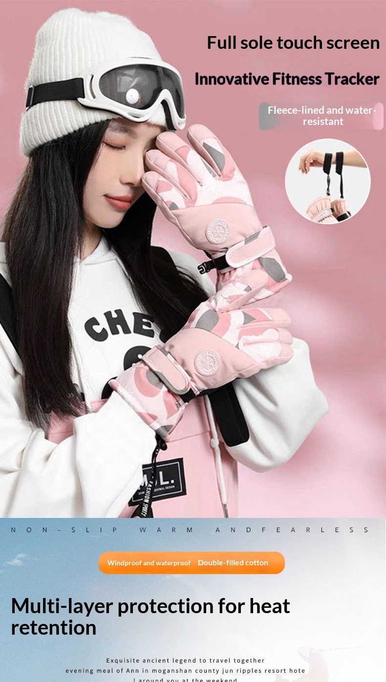 Gants de ski d'hiver pour femme, doublés polaire, épais, chauds, imperméables, compatibles avec les écrans tactiles, spécialement conçus pour la moto._voghion.com