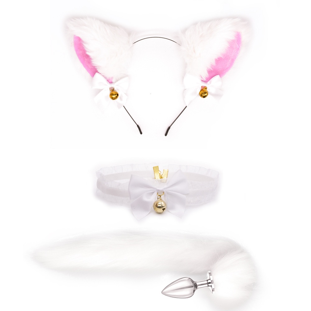 luckyqqyp Erotik-Fünfteiler-Set für Erwachsene: Schwarze Katzenohren-Spitzen-Augenmaske, Rollenspiel-Mundball, SM-Metall-Analplug, Fuchsschwanzfell_voghion.com