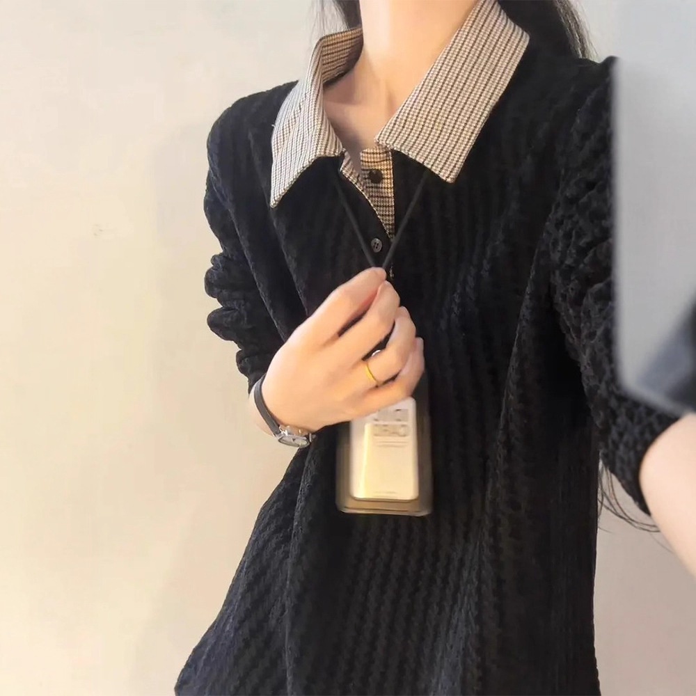 boy Boy Chenille Jacquard Polo Collar Sweat Men's Autumn High-end Style Little Long Sleeve Houndstooth Base Shirt_voghion.com