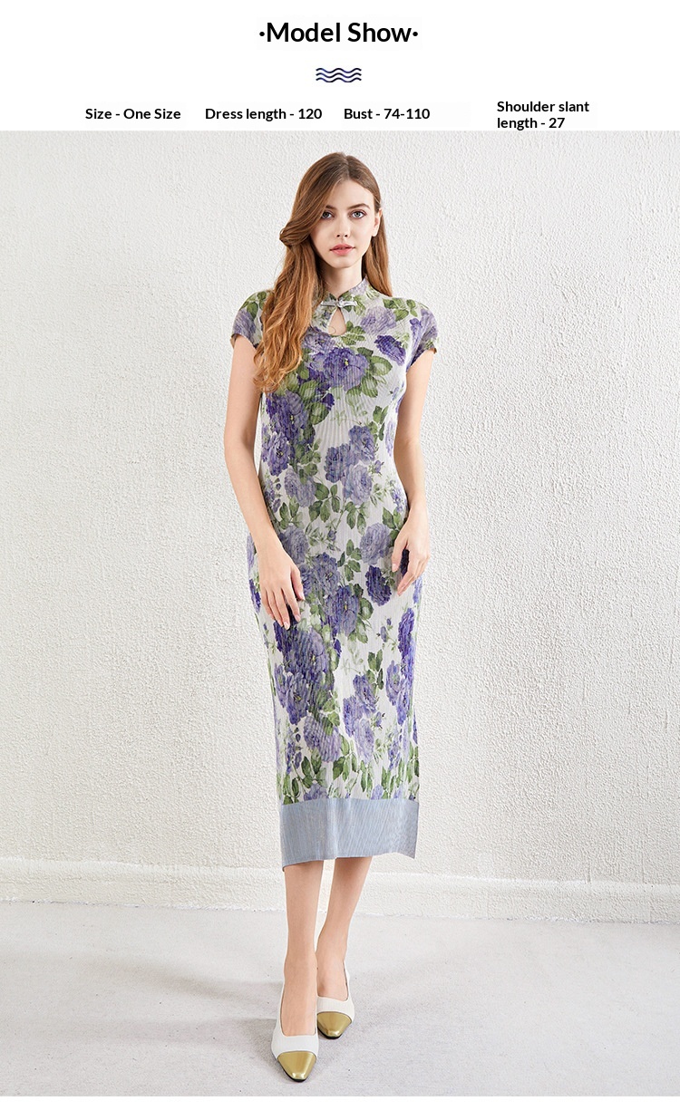 ChicShe ChicShe Chinese Style Pleated Printed Qipao For Women Summer New High-end Short Sleeve Waist-cinching Bodycon Long Dress_voghion.com
