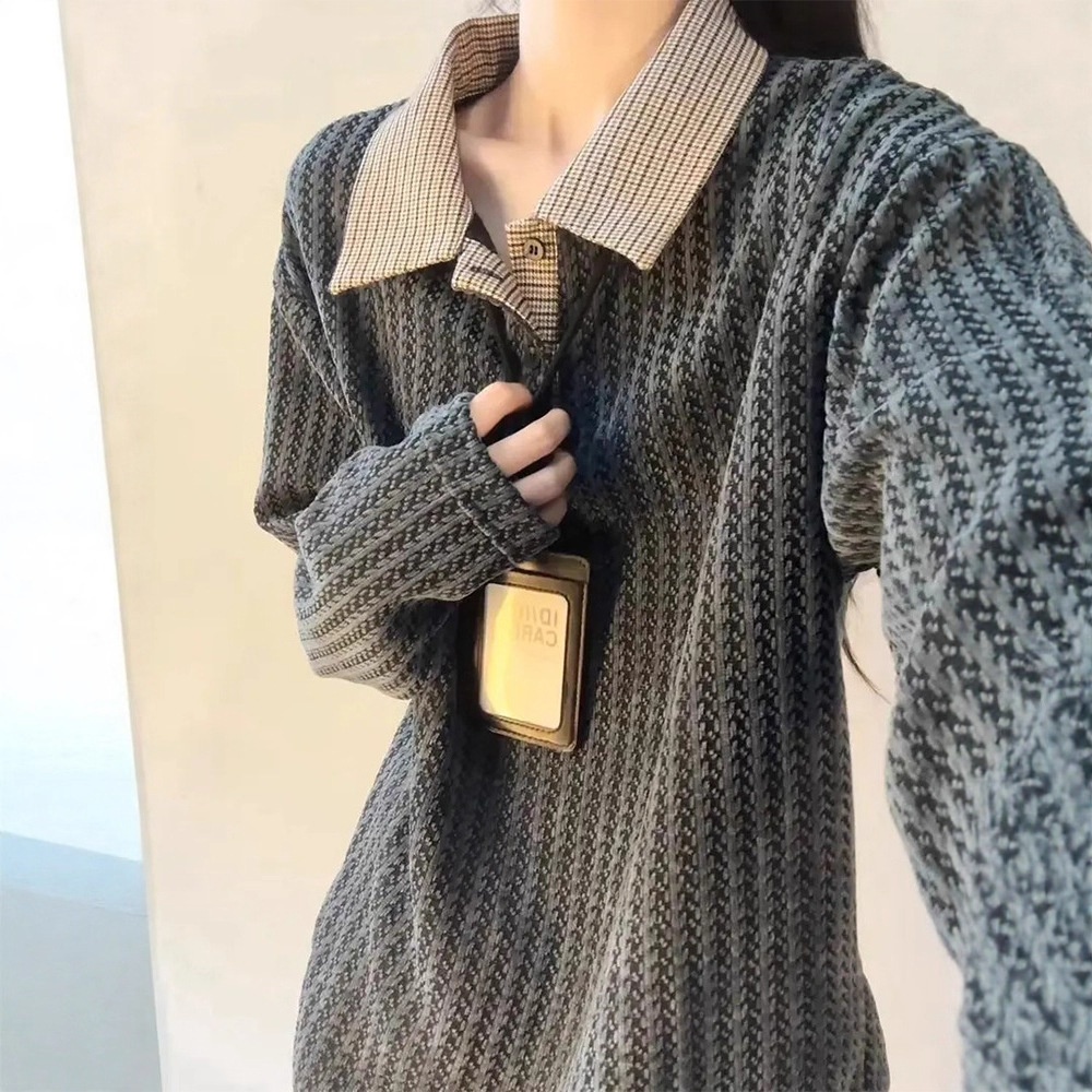 boy Boy Chenille Jacquard Polo Collar Sweat Men's Autumn High-end Style Little Long Sleeve Houndstooth Base Shirt_voghion.com