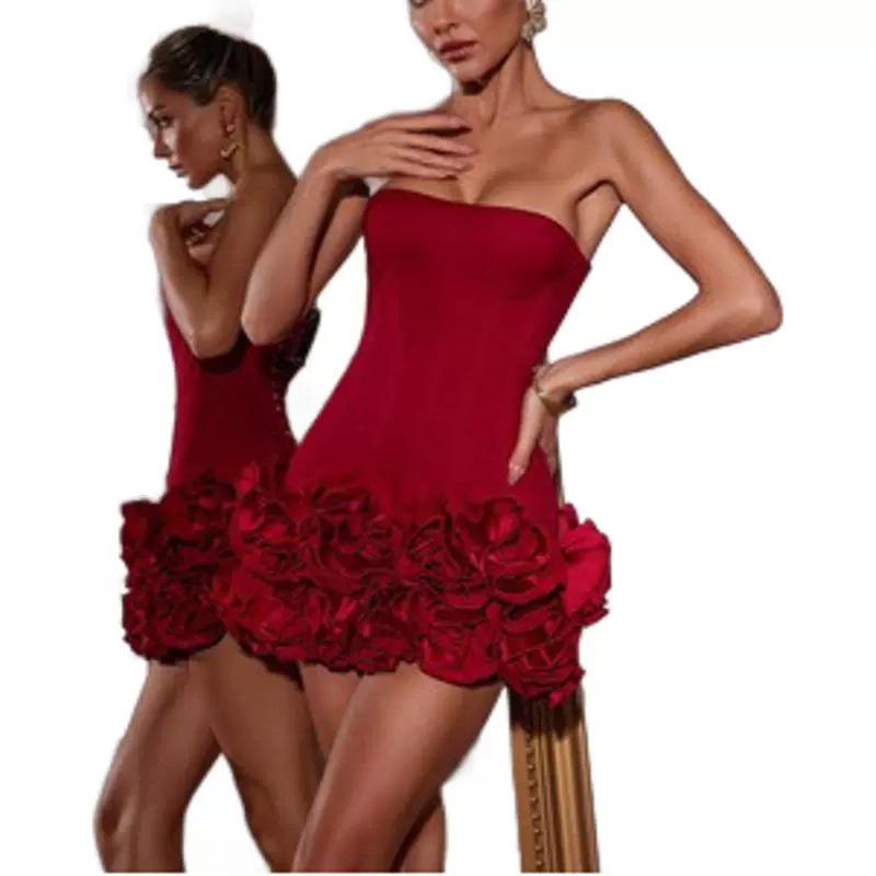 Robe moulante rouge d'été pour femme, style européen et américain, haut de gamme, sexy, sans bretelles, coupe ajustée, ourlet floral, ChicShe_voghion.com