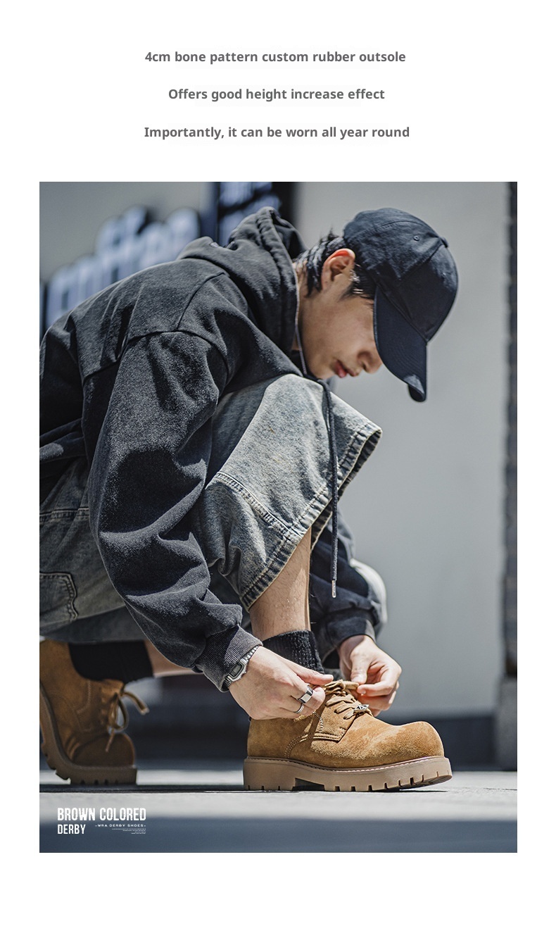 Voyage MRA Brown Derby Men's 2025 New Autumn Low-top Yellow Boots Thick Sole Height-increasing Big Toe Work Leather Shoes_voghion.com