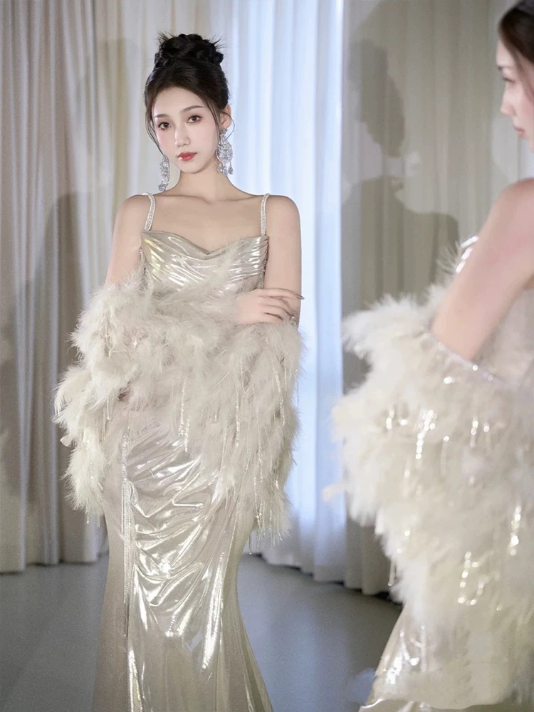 ChicShe ChicShe Light Gold Robe 2025 New Style High-End Feel Banquet Niche Birthday Strap Evening Dress_voghion.com