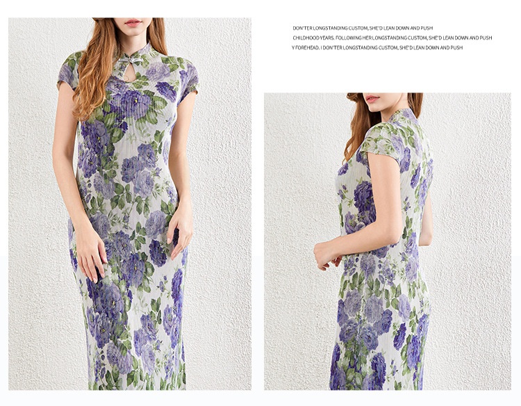 ChicShe ChicShe Chinese Style Pleated Printed Qipao For Women Summer New High-end Short Sleeve Waist-cinching Bodycon Long Dress_voghion.com