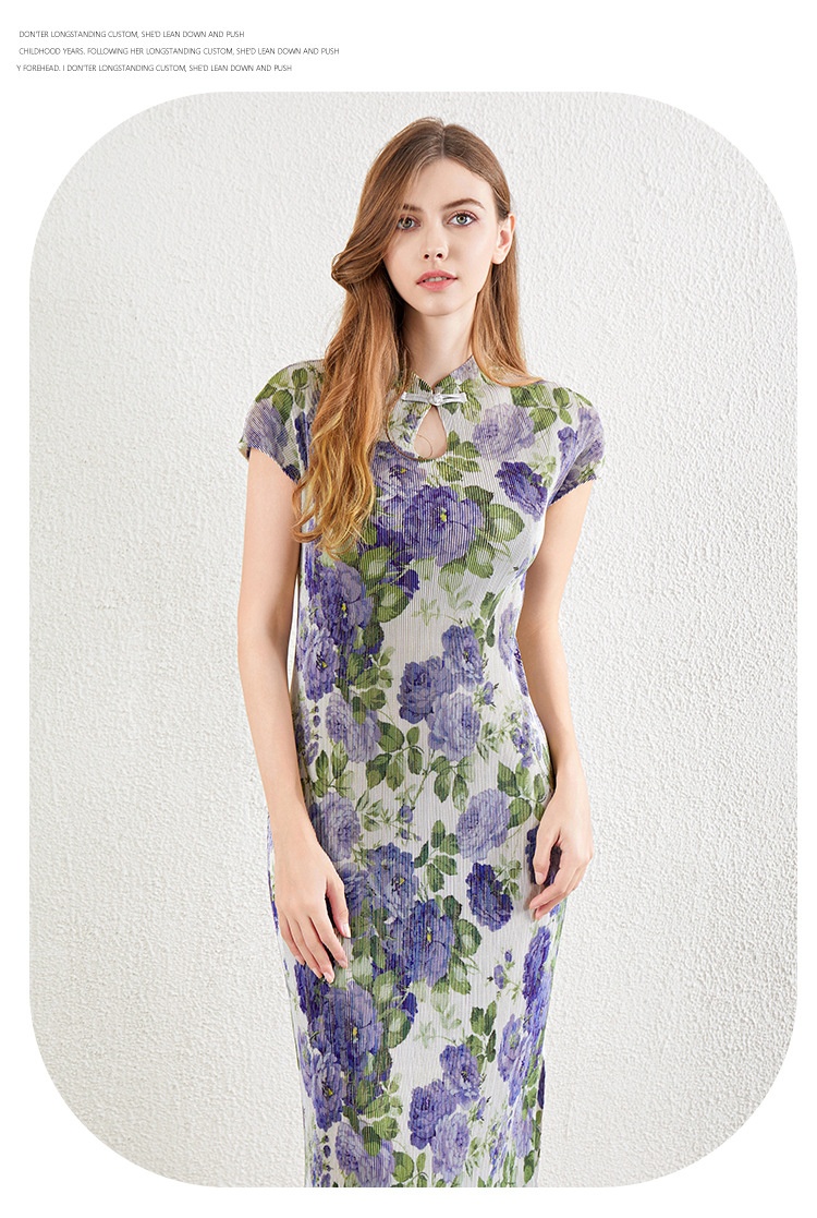 ChicShe ChicShe Chinese Style Pleated Printed Qipao For Women Summer New High-end Short Sleeve Waist-cinching Bodycon Long Dress_voghion.com