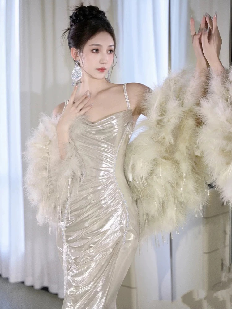 ChicShe ChicShe Light Gold Robe 2025 New Style High-End Feel Banquet Niche Birthday Strap Evening Dress_voghion.com