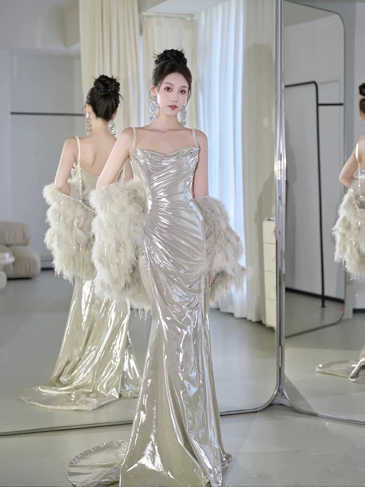 ChicShe ChicShe Light Gold Robe 2025 New Style High-End Feel Banquet Niche Birthday Strap Evening Dress_voghion.com