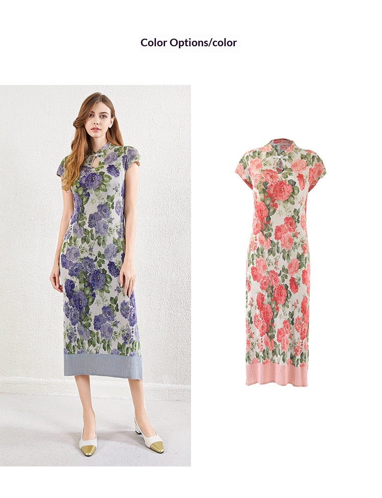 ChicShe ChicShe Chinese Style Pleated Printed Qipao For Women Summer New High-end Short Sleeve Waist-cinching Bodycon Long Dress_voghion.com