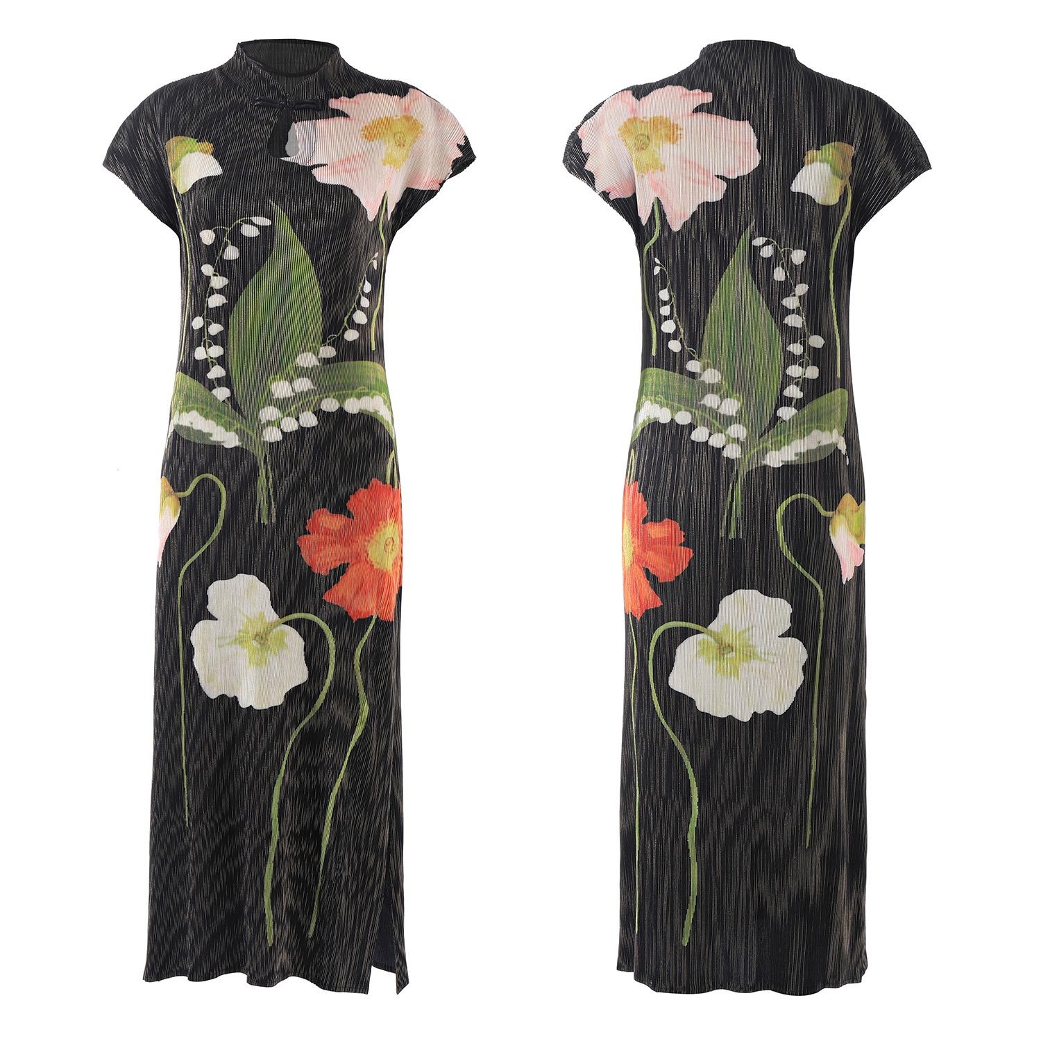 ChicShe ChicShe Chinese Style Pleated Printed Qipao For Women Summer New High-end Short Sleeve Waist-cinching Bodycon Long Dress_voghion.com