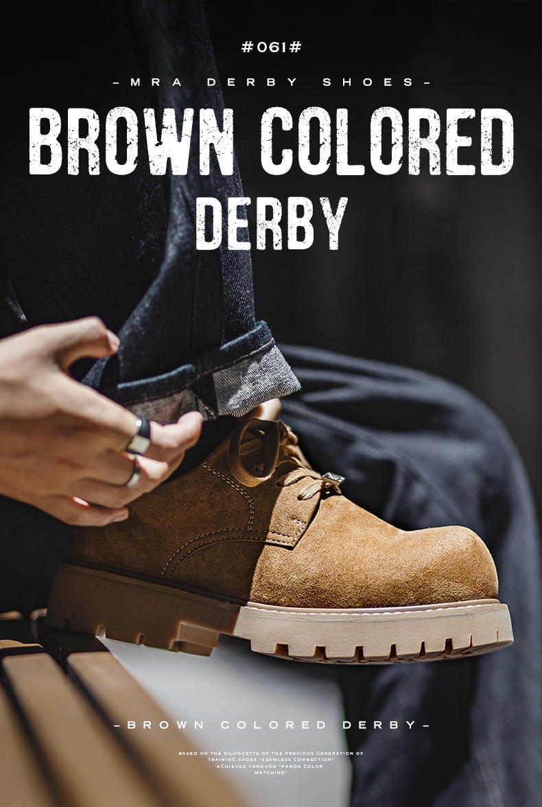 Voyage MRA Brown Derby Men's 2025 New Autumn Low-top Yellow Boots Thick Sole Height-increasing Big Toe Work Leather Shoes_voghion.com