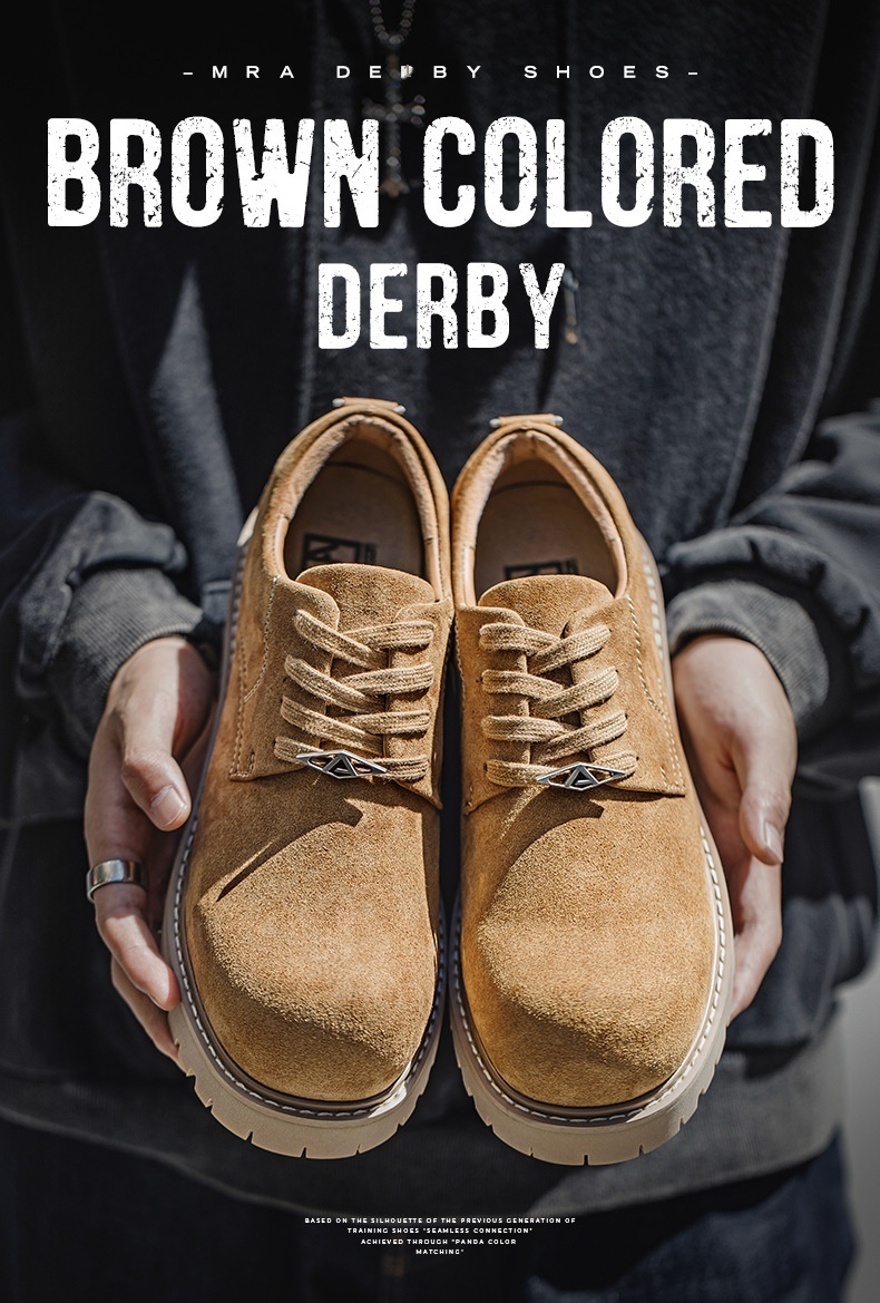 Voyage MRA Brown Derby Men's 2025 New Autumn Low-top Yellow Boots Thick Sole Height-increasing Big Toe Work Leather Shoes_voghion.com