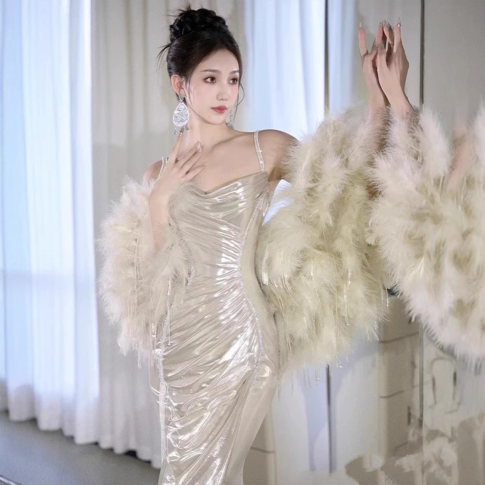 ChicShe ChicShe Light Gold Robe 2025 New Style High-End Feel Banquet Niche Birthday Strap Evening Dress_voghion.com