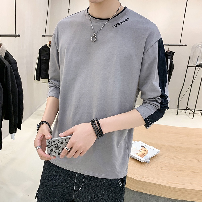 T-shirt à manches longues pour homme, collection printemps-automne, col rond tendance, coupe ample, patchwork de coton._voghion.com