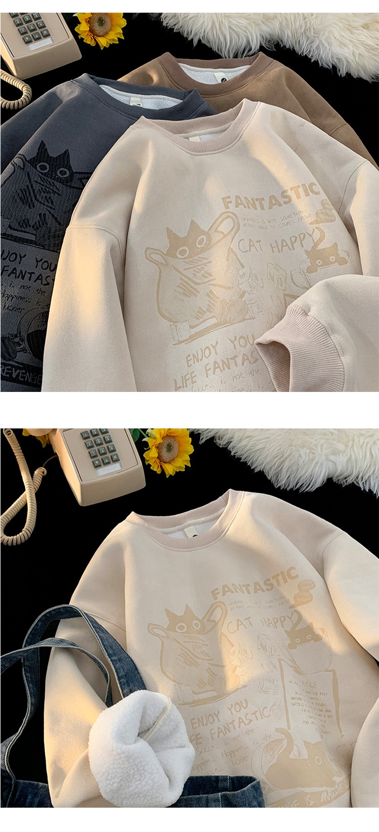 Sweat-shirt en daim épais doublé polaire à col rond pour homme, style américain, manches longues et amples, collection automne-hiver_voghion.com