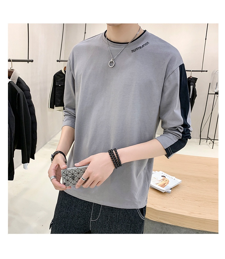 T-shirt à manches longues pour homme, collection printemps-automne, col rond tendance, coupe ample, patchwork de coton._voghion.com