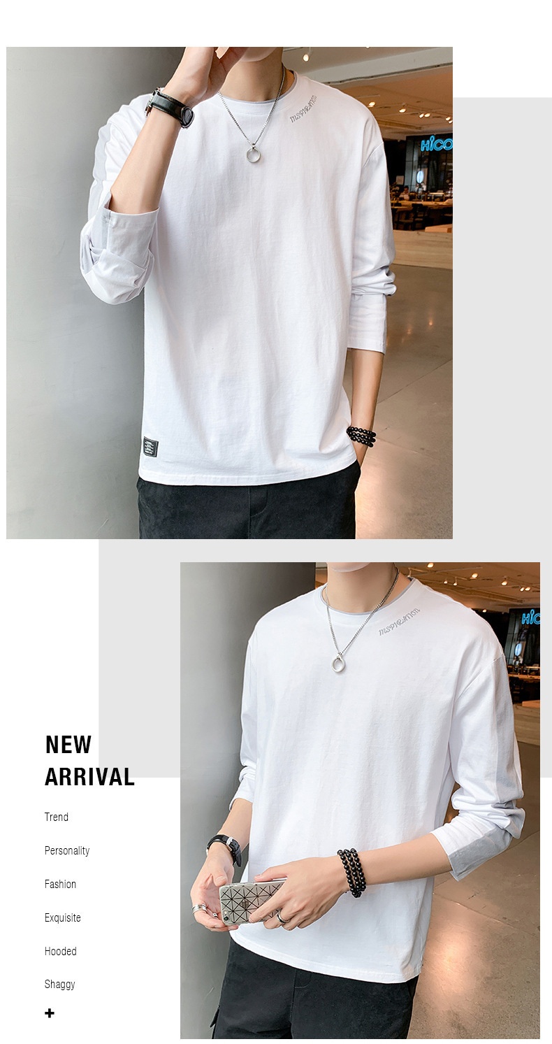 T-shirt à manches longues pour homme, collection printemps-automne, col rond tendance, coupe ample, patchwork de coton._voghion.com