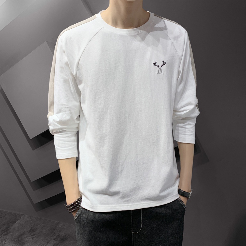 T-shirt à manches longues pour homme, collection printemps-automne, col rond tendance, coupe ample, patchwork de coton._voghion.com