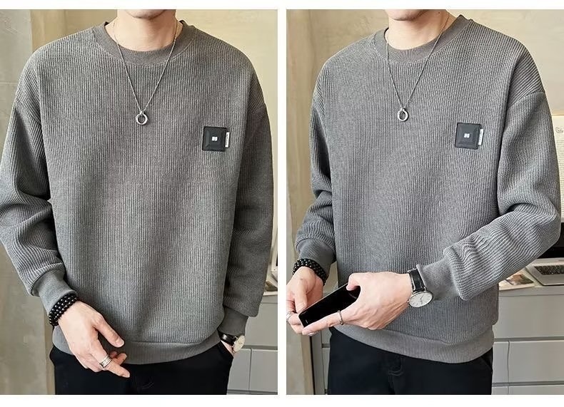 Sweat-shirt texturé pour homme, collection printemps-été, couleur unie, tendance 2023, coupe ample, col rond, style décontracté automne._voghion.com