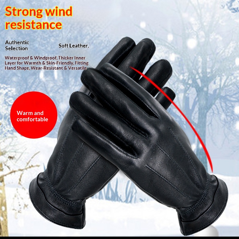 boy Boy Boy Cold Region Winter Men's School Uniform Leather Gloves With Fleece Lining, Warm Sheepskin Gloves, Black Genuine Leather,_voghion.com